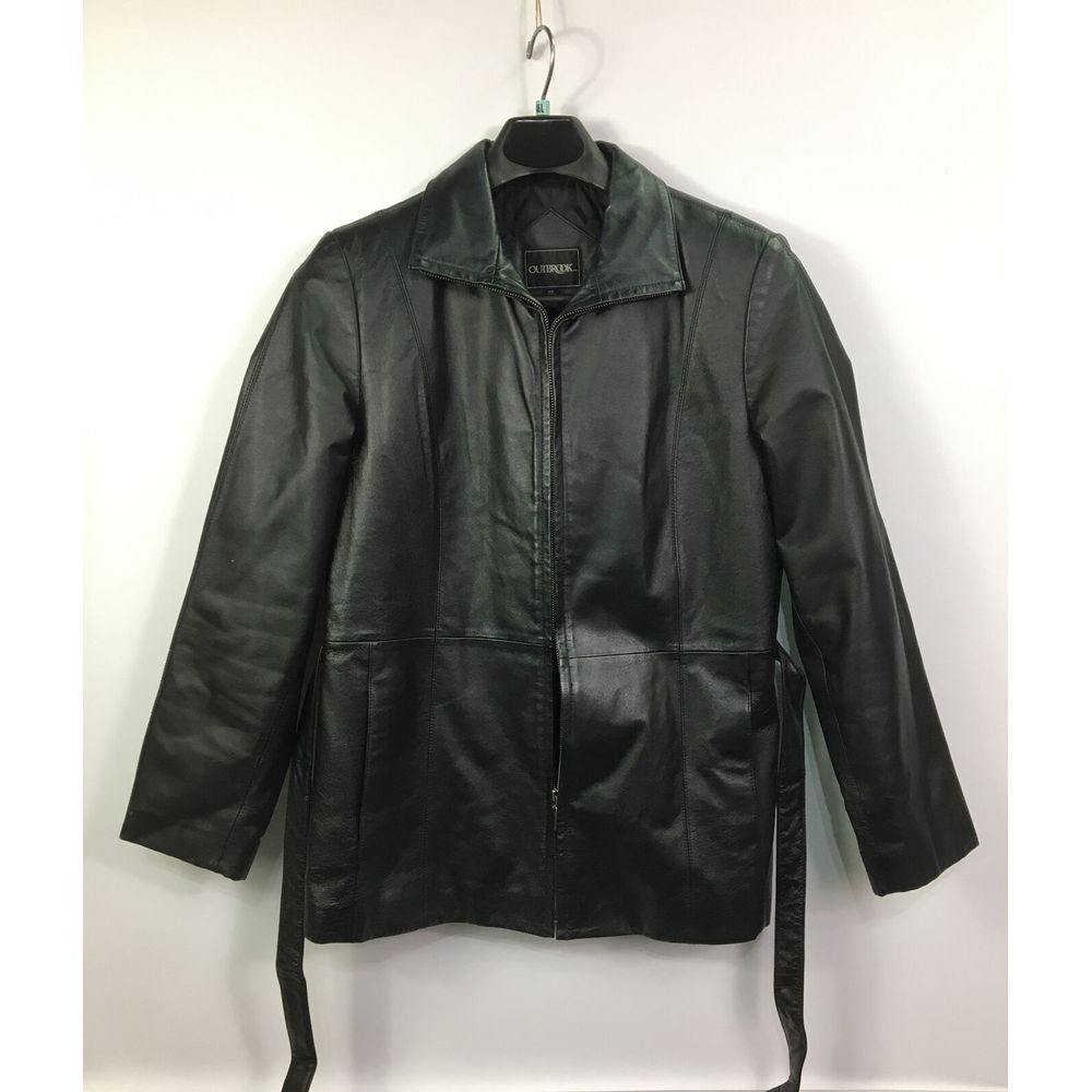Outbrook Black‎ 100% Leather Jacket Womens Sz Med 8/10 Belted Lined zipup Coat